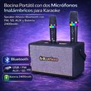 Bocina Portátil con dos Micrófonos Inalámbricos para Karaoke. Speaker Altavoz Bluetooth con FM, SD, AUX y Batería 2400mAh.