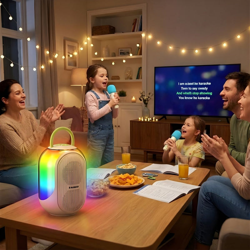 Bocina Bluetooth Portátil para Karaoke. Parlante Inalámbrico con 2 Micrófonos. Altavoz con Luz RGB. Sonido 10W RMS. Radio FM USB TF AUX.