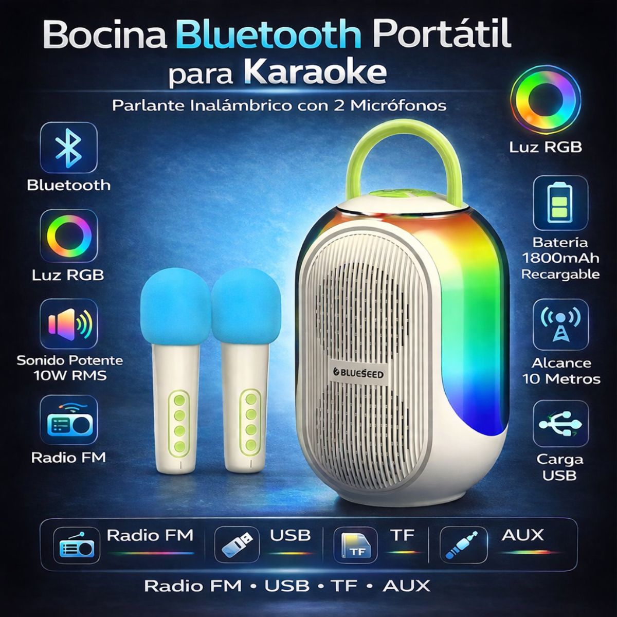Bocina Bluetooth Portátil para Karaoke. Parlante Inalámbrico con 2 Micrófonos. Altavoz con Luz RGB. Sonido 10W RMS. Radio FM USB TF AUX.
