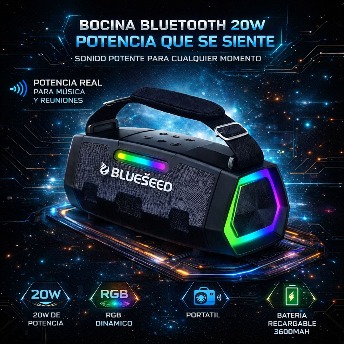 Bocina Bluetooth 20W de Alta Potencia. Altavoz Inalámbrico con Iluminación RGB. Parlante Portátil con Batería Recargable 3600mAh.
