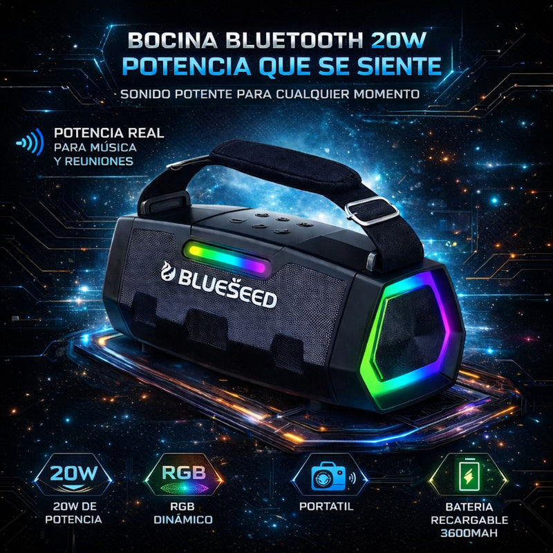 Bocina Bluetooth 20W de Alta Potencia. Altavoz Inalámbrico con Iluminación RGB. Parlante Portátil con Batería Recargable 3600mAh.