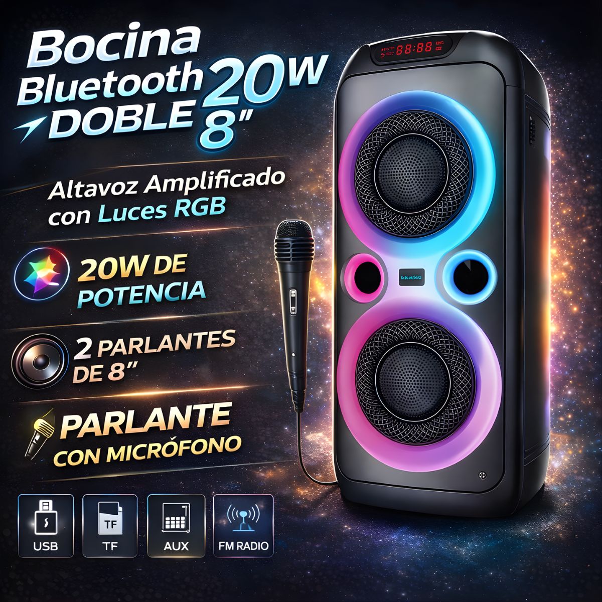 Bocina Bluetooth Portátil 20W Doble 8”. Altavoz Amplificado con Luces RGB. Parlante con Micrófono y reproducción USB TF AUX FM.