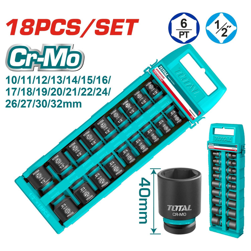 Dados Socket de Impacto de 1/2" DR. 18 Piezas. Largo: 40 mm. CrMo. Tratamiento Termico.