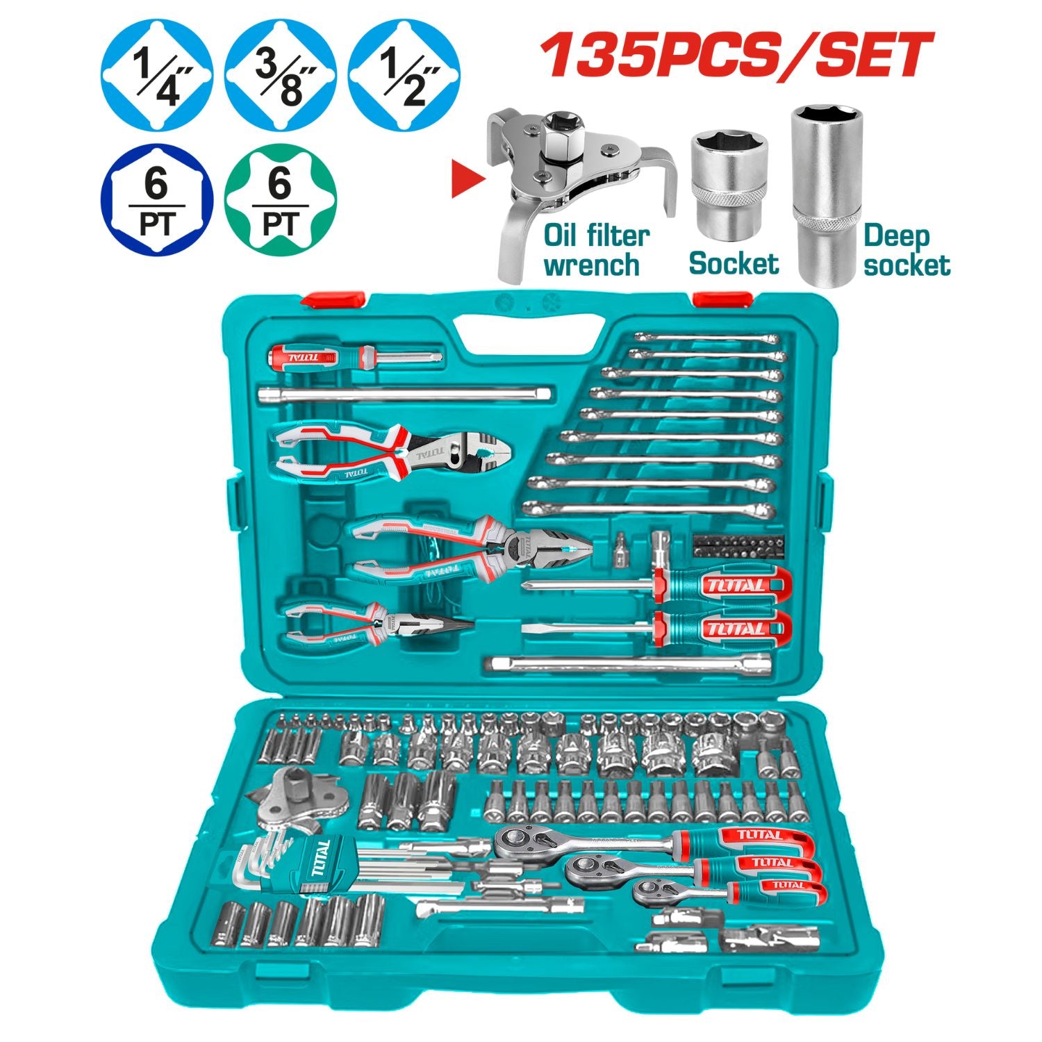 Dados Socket Ratchet Mango Kit 1/4", 3/8" y 1/2".  Set 135 piezas variadas. Incluye Dados, Barras, Adaptadores, Puntas, Alicates y Destornilladores.