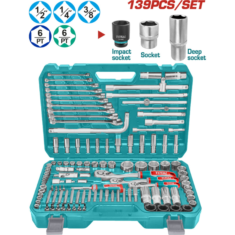 Sockets Dados 139 Piezas Variadas En Maletín. (Llaves, Barras, Adaptador, Mangos) En Juego Kit 1/4", 3/8" Y 1/2".