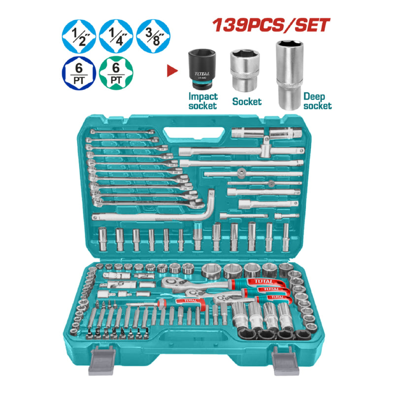 Sockets Dados 139 Piezas Variadas En Maletín. (Llaves, Barras, Adaptador, Mangos) En Juego Kit 1/4", 3/8" Y 1/2".