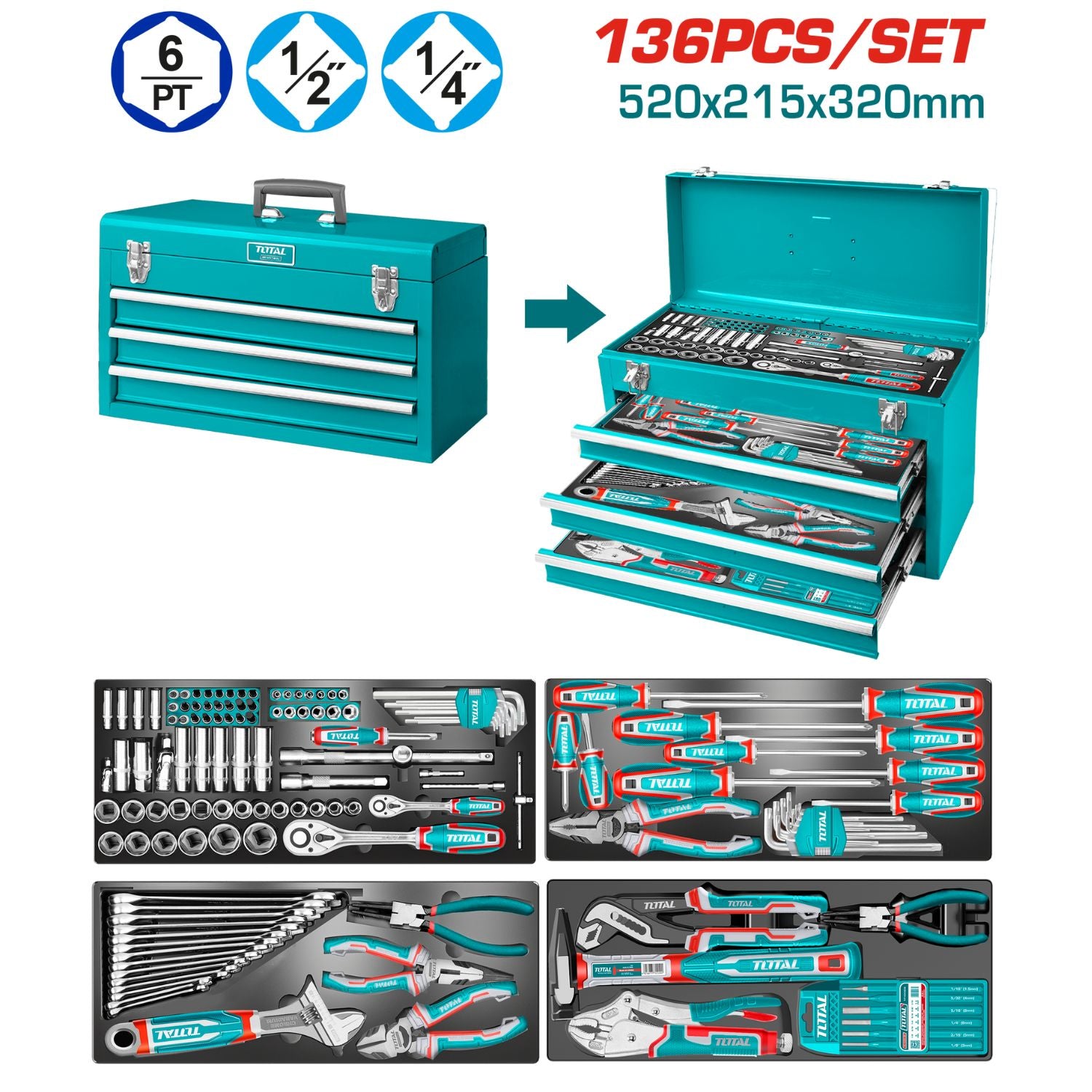Herramientas variadas Caja de 3 niveles y una base. Incluye 136 piezas. Dimensiones generales: 520 × 218 × 320 mm Juego kit