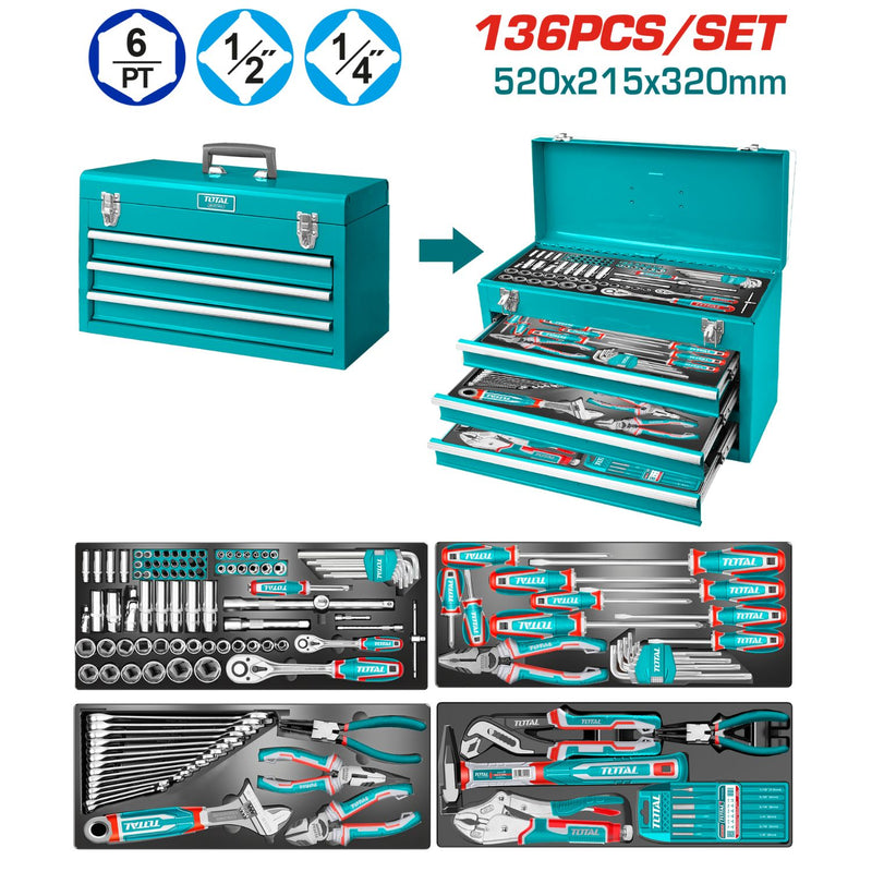 Herramientas variadas Caja de 3 niveles y una base. Incluye 136 piezas. Dimensiones generales: 520 × 218 × 320 mm Juego kit