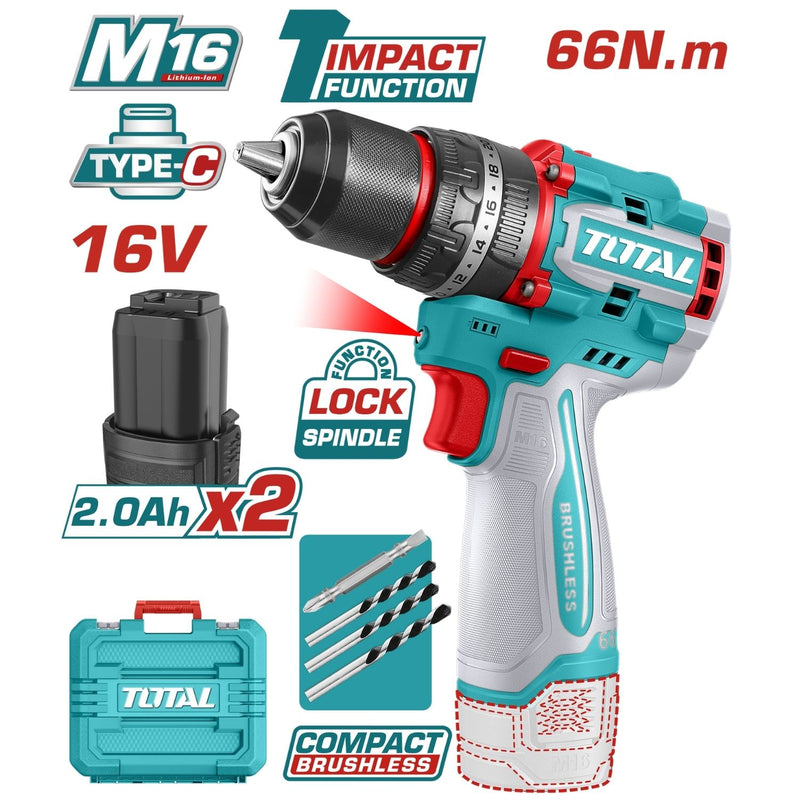 Drill Taladro Inalámbrico 66N.m 16V Función De Impacto. Motor Sin Escobillas. Con 2 Baterías M16 , Carga USB-C No incluye cargador.