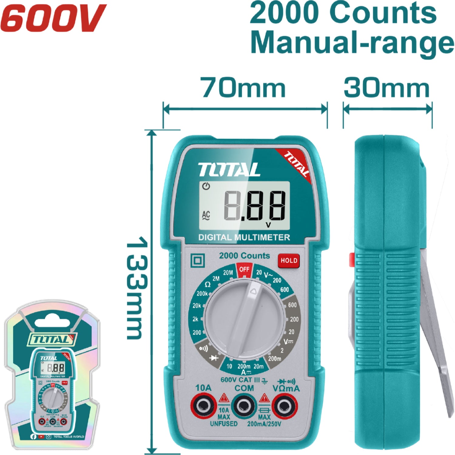 Multimetro Digital 2000 Counts RMS. Detección De Voltaje Sin Contacto.