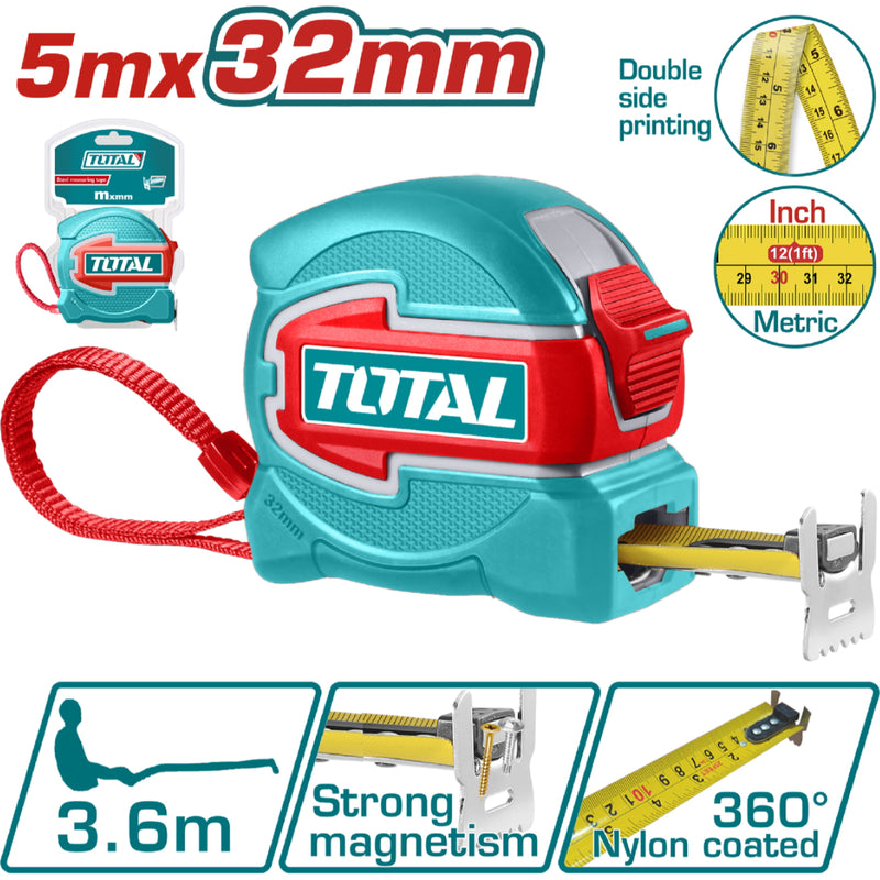 Cinta Métrica de acero (Métrico / Pulgada) de 5m x 32mm. Gancho doble con imán.