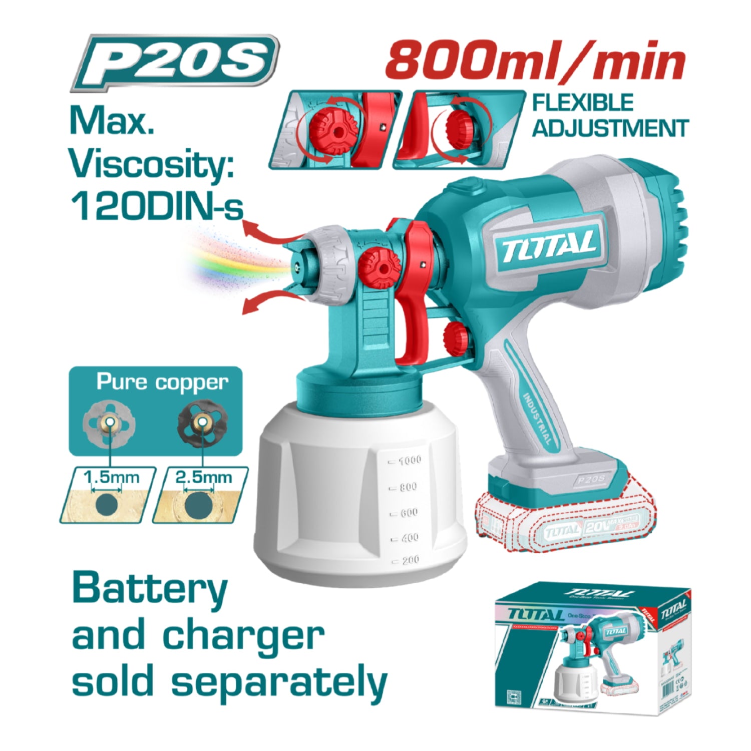 Pistola Para Pintar 20V Inalámbrica 800 ml/min. Contenedor de 1000ml. No incluye batería ni cargador. Pulverizadora. Spray.