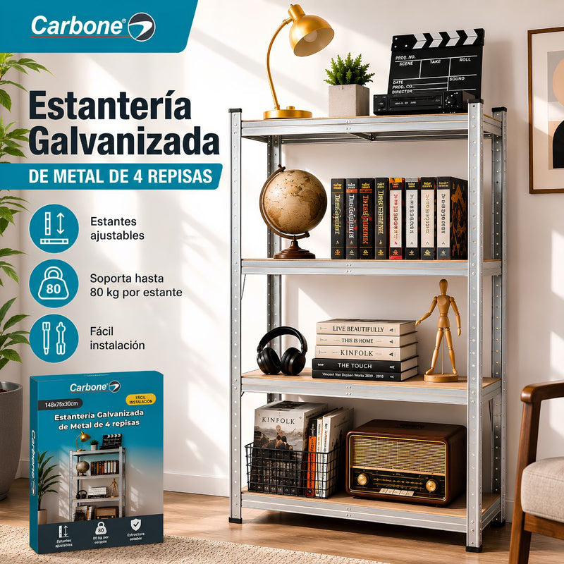 Estantería Metálica Galvanizada de 4 Repisas ajustables (148x75x30cm). Estante Organizador de Acero con Capacidad de 80Kg por Nivel.