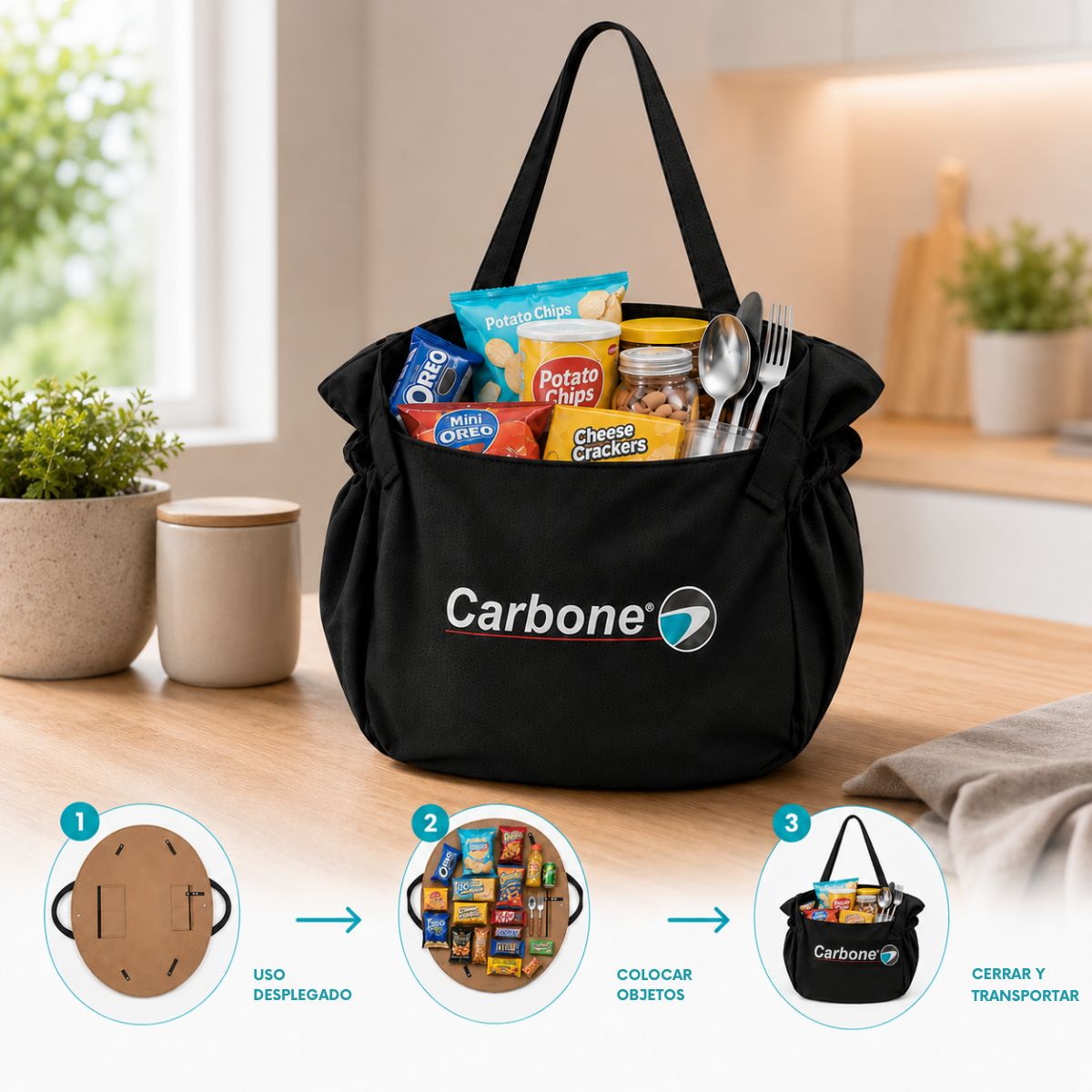 Bolsa Organizadora Plegable Para Camping Picnic Viajes Y Playa Tipo Manta. Color Negro (35x39x16 cm)