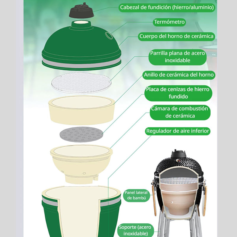 Parrilla Kamado Ahumador Cerámica 21” (46.7 cm). BBQ Asador De Carbón Portátil con Termómetro Barbacoa.