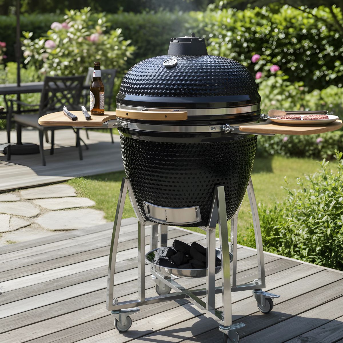 Parrilla Kamado Ahumador Cerámica 23.5” (51 cm). BBQ Asador De Carbón Portátil con Termómetro Barbacoa.