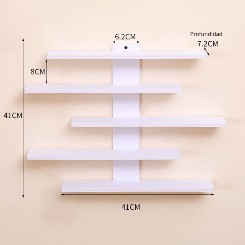 Repisa De Pared de 5 niveles. Estante Flotante Adhesivo. Tablillas Blancas De 7.2Cm De Profundidad.