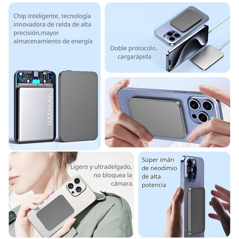 Power Bank Magnético Portátil Gris  10,000mAh 15W Carga Rápida. Ideal con Android y Apple. Bateria Cargador portátil celular.