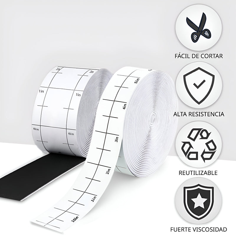 Cinta de Velcro Adhesiva Cierre Magico de Fijación Reutilizable. Felpa Autoadhesiva 2.5 cm × 9 m (Color Blanco).
