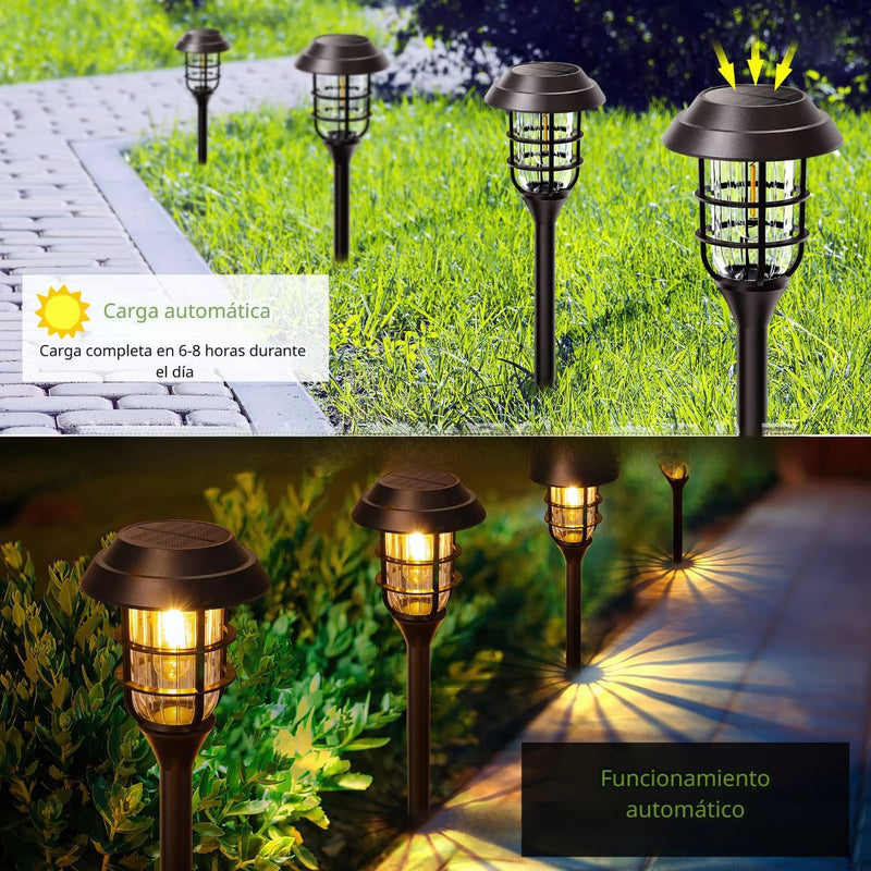 Lampara Solar Para Césped Tipo Estaca LED. (Pack de 8) Lampara Negra Con Panel Solar Integrado. Para Jardín. (Luz Cálida). Foco
