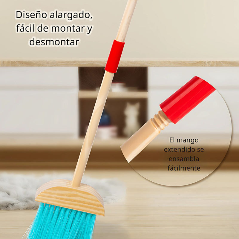 Juego de Limpieza para Niños de Madera con Escoba, Trapeador y Cepillos. Set Educativo de Aseo para Niños 62.5x20cm.