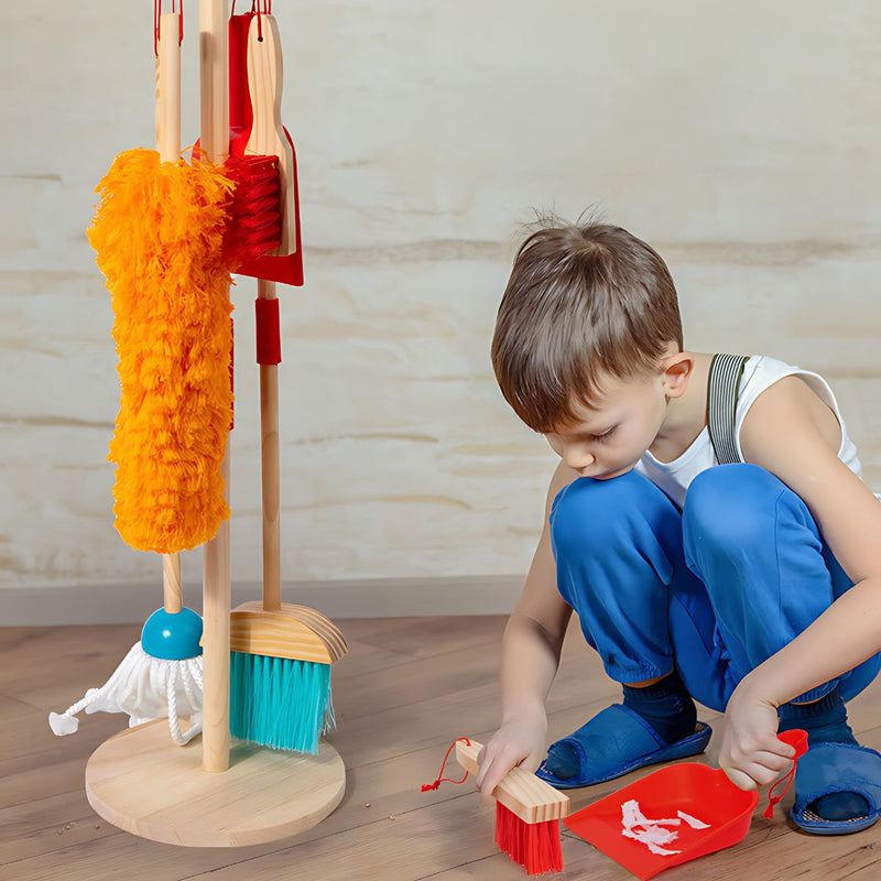 Juego de Limpieza para Niños de Madera con Escoba, Trapeador y Cepillos. Set Educativo de Aseo para Niños 62.5x20cm.