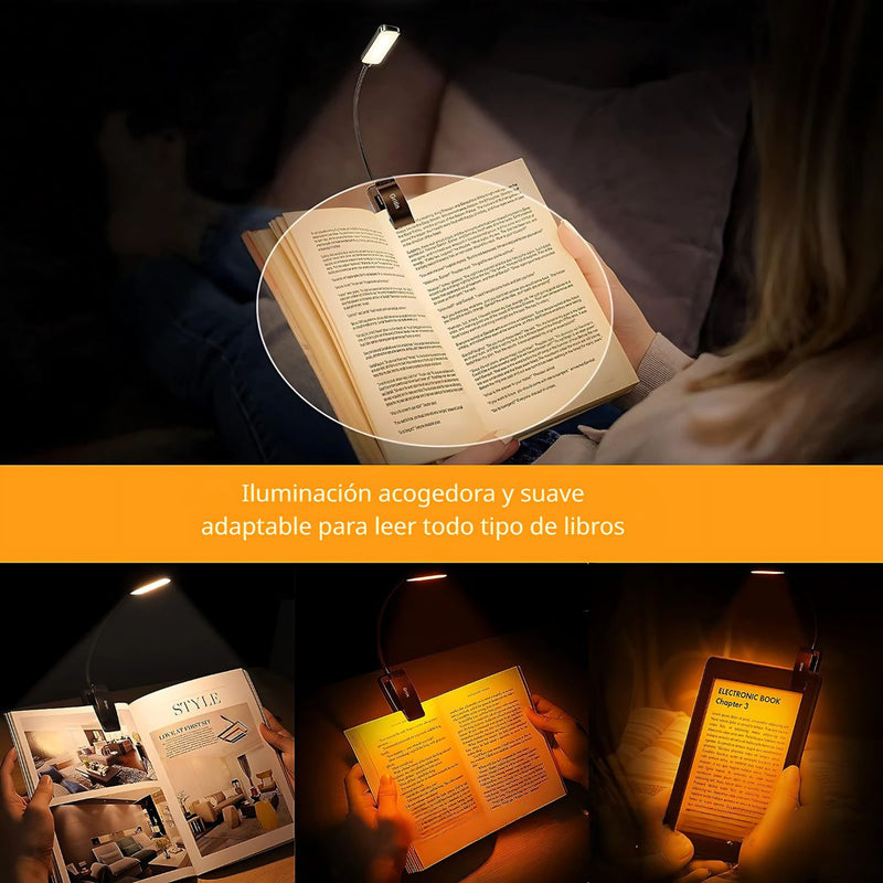 Lámpara De Lectura Con Clip. Luz Nocturna Para Leer Libros. Foco LED Para Estudio Recargable Con Duración de Hasta 10 Horas.