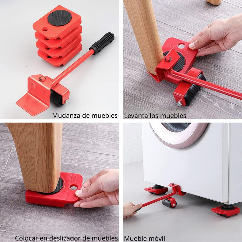 Transportador levantador ruedas de Muebles y Objetos Pesados. Kit de 5 Piezas con Palanca y Ruedas Giratorias 360°. Juego de Herramienta para Mudanzas.