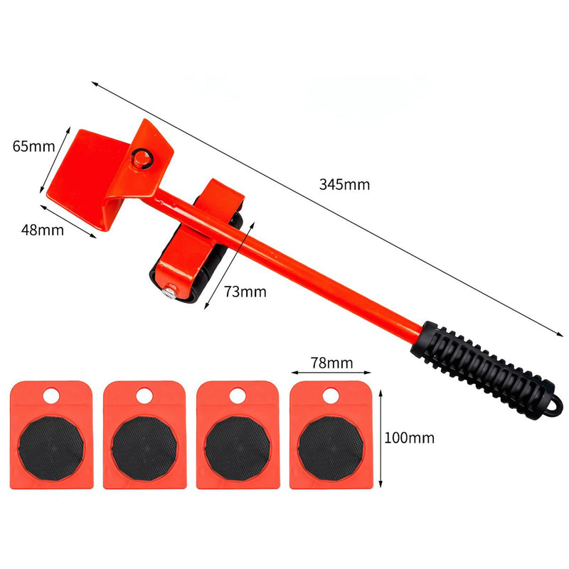 Transportador levantador ruedas de Muebles y Objetos Pesados. Kit de 5 Piezas con Palanca y Ruedas Giratorias 360°. Juego de Herramienta para Mudanzas.