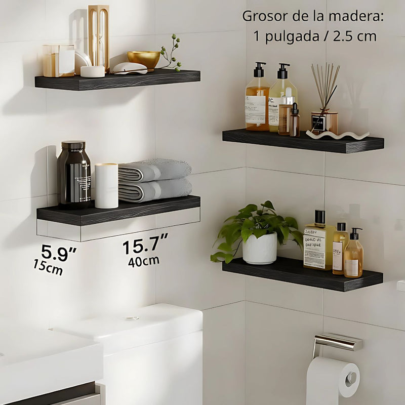 Repisa de pared Flotantes Color Negro (Set de 4 piezas). Repisas de pared. Tablillas de 40x15cm.