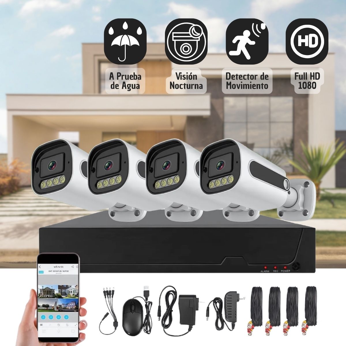 Cámaras De Seguridad HD CCTV (Set de 4). Con Sensor De Movimiento, Visión Nocturna, A Prueba de Agua. Cámara de Videovigilancia Con Audio Y WiFi