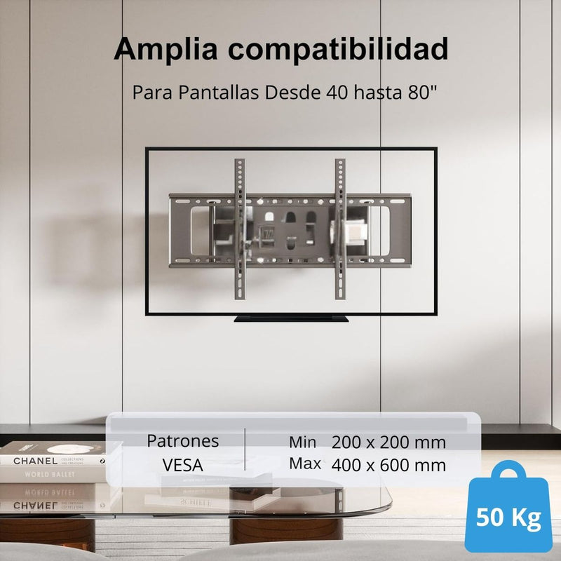 Soporte de TV Ajustable para Pantallas de 40-80'' con Inclinación ±15° y VESA 200x220 Hasta 400x600mm. Brazo Doble Telescópico para Televisor