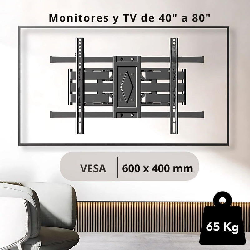 Soporte de TV Ajustable Telescópico Para Pantallas 40-80” con Inclinación ±5°. VESA 600×400 mm. Brazo Giratorio para Monitor.