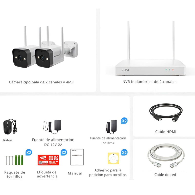 Cámaras De Seguridad Wireless inalambricas (Set de 2) 2.5K 4MP Con NVR 2 Canales. Con Sensor de Movimiento. Aprueba de Agua. Alarma. Camara De VideoVigilancia Con Audio Y Wifi.