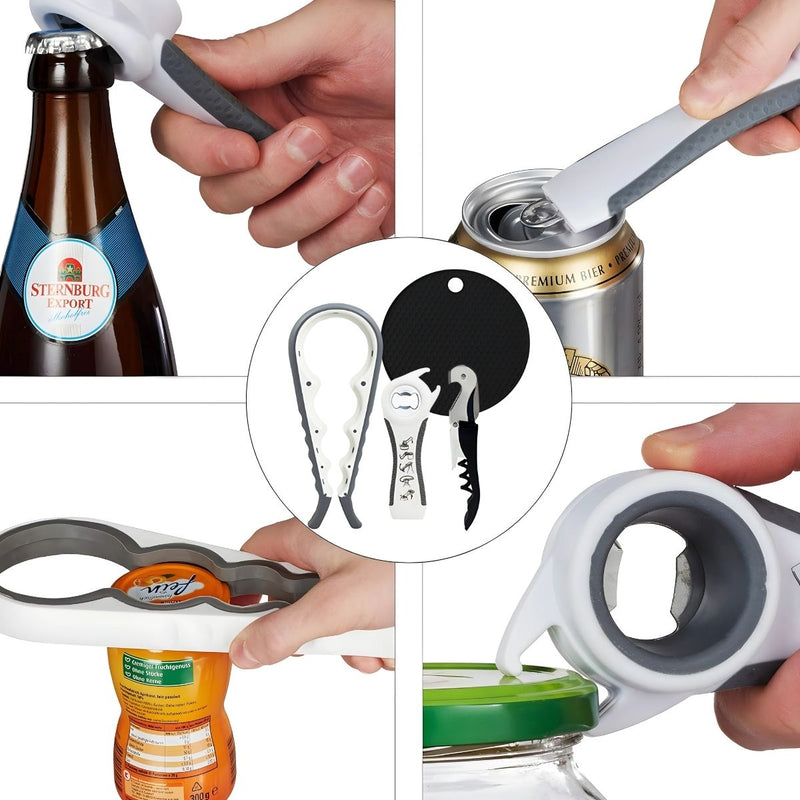 Abridor De Frascos Universal 5 En 1. Destapador De Tarros. Abridor De Botellas Y Latas Con Tapete antideslizante.