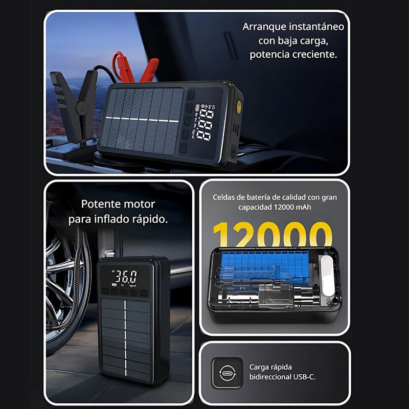 Jumper Arrancador Portátil De Batería De Carga Solar Con Compresor De Aire. Batería Auxiliar 12000mAh con Cargador TIPO C.