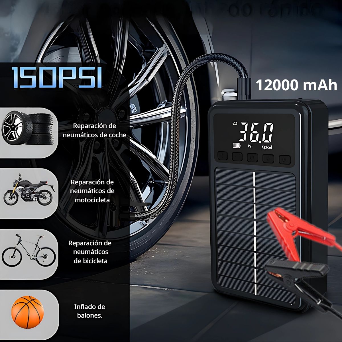 Jumper Arrancador Portátil De Batería De Carga Solar Con Compresor De Aire. Batería Auxiliar 12000mAh con Cargador TIPO C.