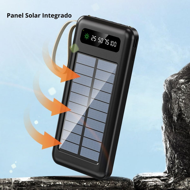 Power Bank Solar 10000 mAh Con Cable Integrado. Compatible con Tipo-C, Micro USB, Lightning. Cargador portátil para Celulares con Panel Solar.