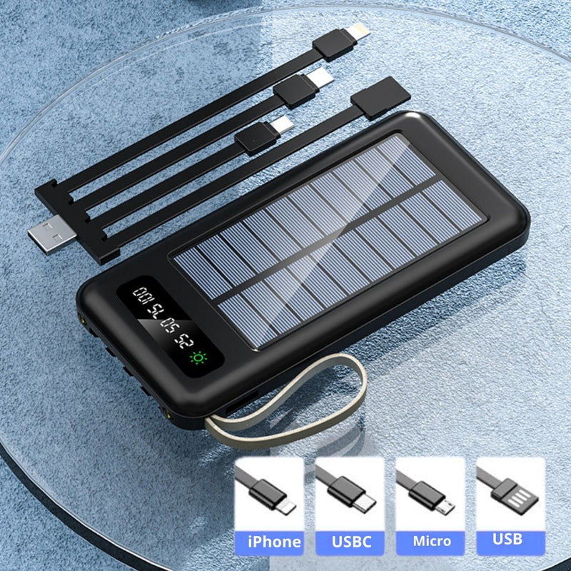 Power Bank Solar 10000 mAh Con Cable Integrado. Compatible con Tipo-C, Micro USB, Lightning. Cargador portátil para Celulares con Panel Solar.