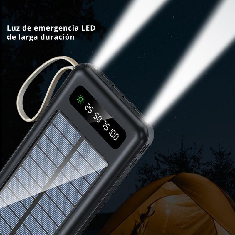 Power Bank Solar 10000 mAh Con Cable Integrado. Compatible con Tipo-C, Micro USB, Lightning. Cargador portátil para Celulares con Panel Solar.