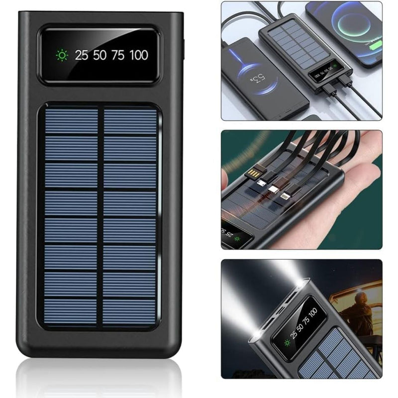Power Bank Solar 10000 mAh Con Cable Integrado. Compatible con Tipo-C, Micro USB, Lightning. Cargador portátil para Celulares con Panel Solar.