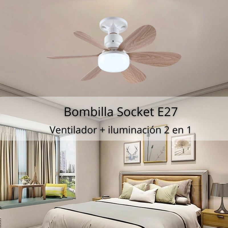Abanico De Techo de madera Socket E27 Con Luz Led Regulable 3000-6500K. Ventilador 3 Velocidades, 6 Aspas Y Control Remoto. 520x185mm.