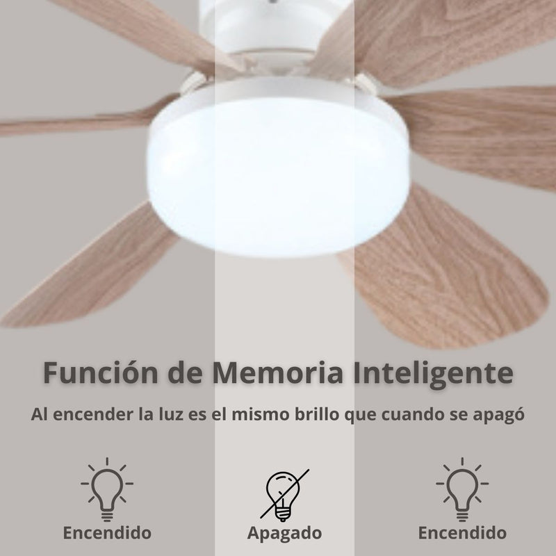 Abanico De Techo de madera Socket E27 Con Luz Led Regulable 3000-6500K. Ventilador 3 Velocidades, 6 Aspas Y Control Remoto. 520x185mm.