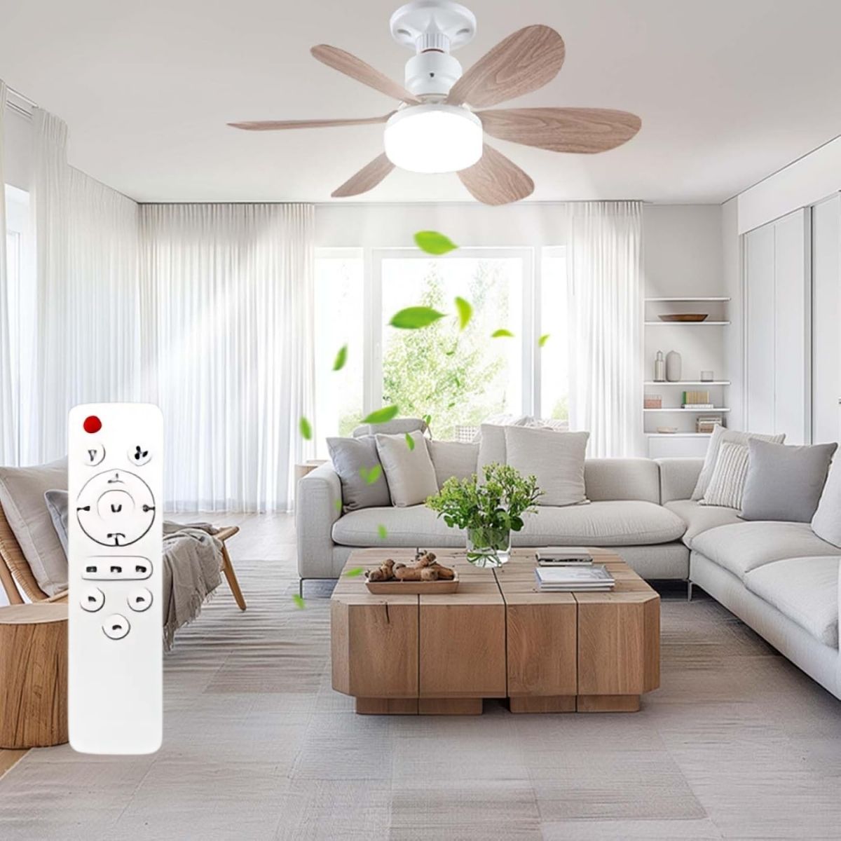 Abanico De Techo de madera Socket E27 Con Luz Led Regulable 3000-6500K. Ventilador 3 Velocidades, 6 Aspas Y Control Remoto. 520x185mm.