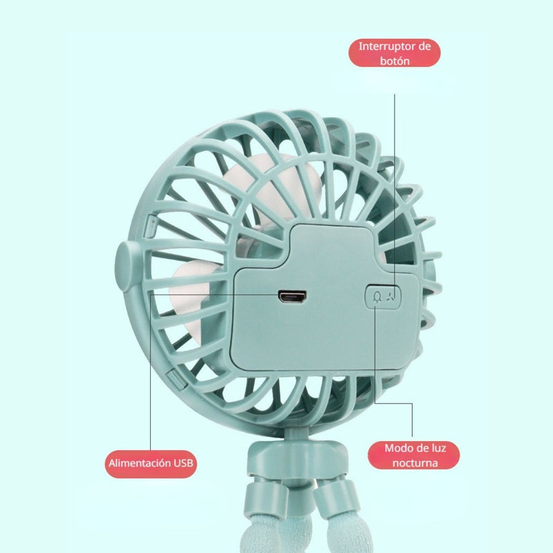 Abanico Portátil Recargable Con Puerto USB Con Luz LED. Ventilador Con Trípode Flexible. 15.5x9.5x4.5cm. Mini