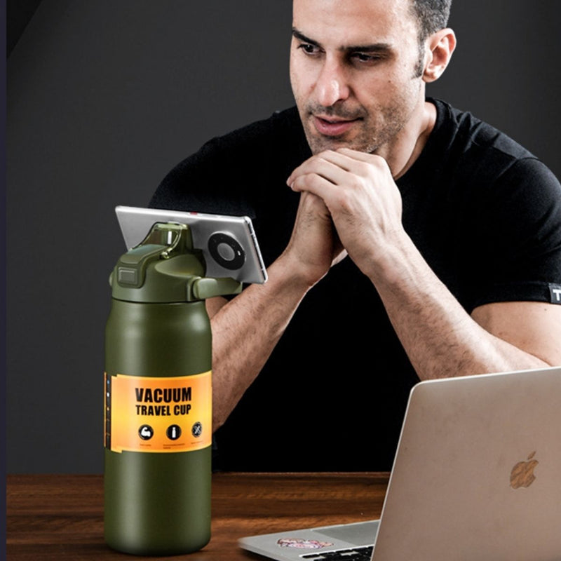 Botella De Agua Térmica. Termo Deportivo De Doble Pared De Acero Inoxidable. 1000 ml Y Soporte Para Teléfono. Color Verde Militar.