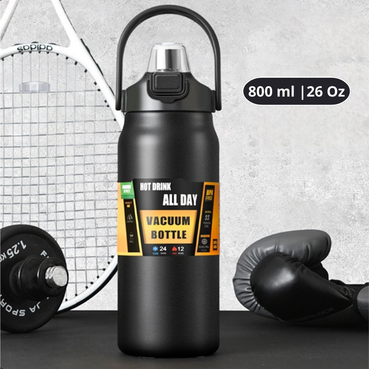 Botella De Agua Térmica. Termo Deportivo De Doble Pared De Acero Inoxidable Y Soporte Para Teléfono. 800 ml. Color Negro.