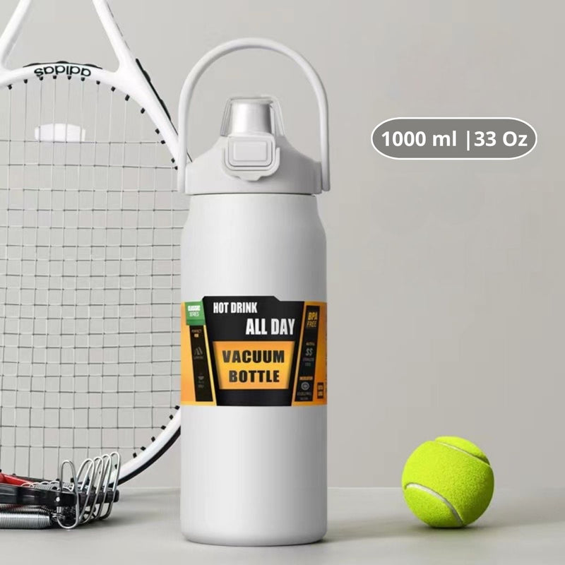 Botella De Agua Térmica. Termo Deportivo De Doble Pared De Acero Inoxidable  Y Soporte Para Teléfono. 1000 ml. Color Blanco.