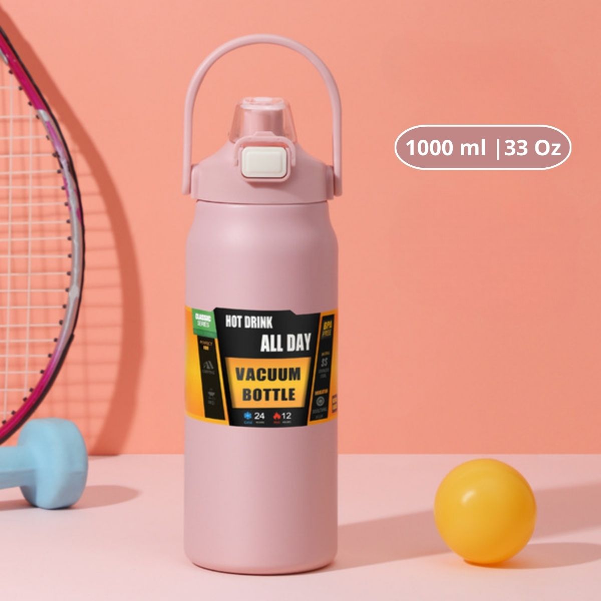 Botella De Agua Térmica. Termo Deportivo De Doble Pared De Acero Inoxidable Y Soporte Para Teléfono. 1000 ml. Color Rosado.