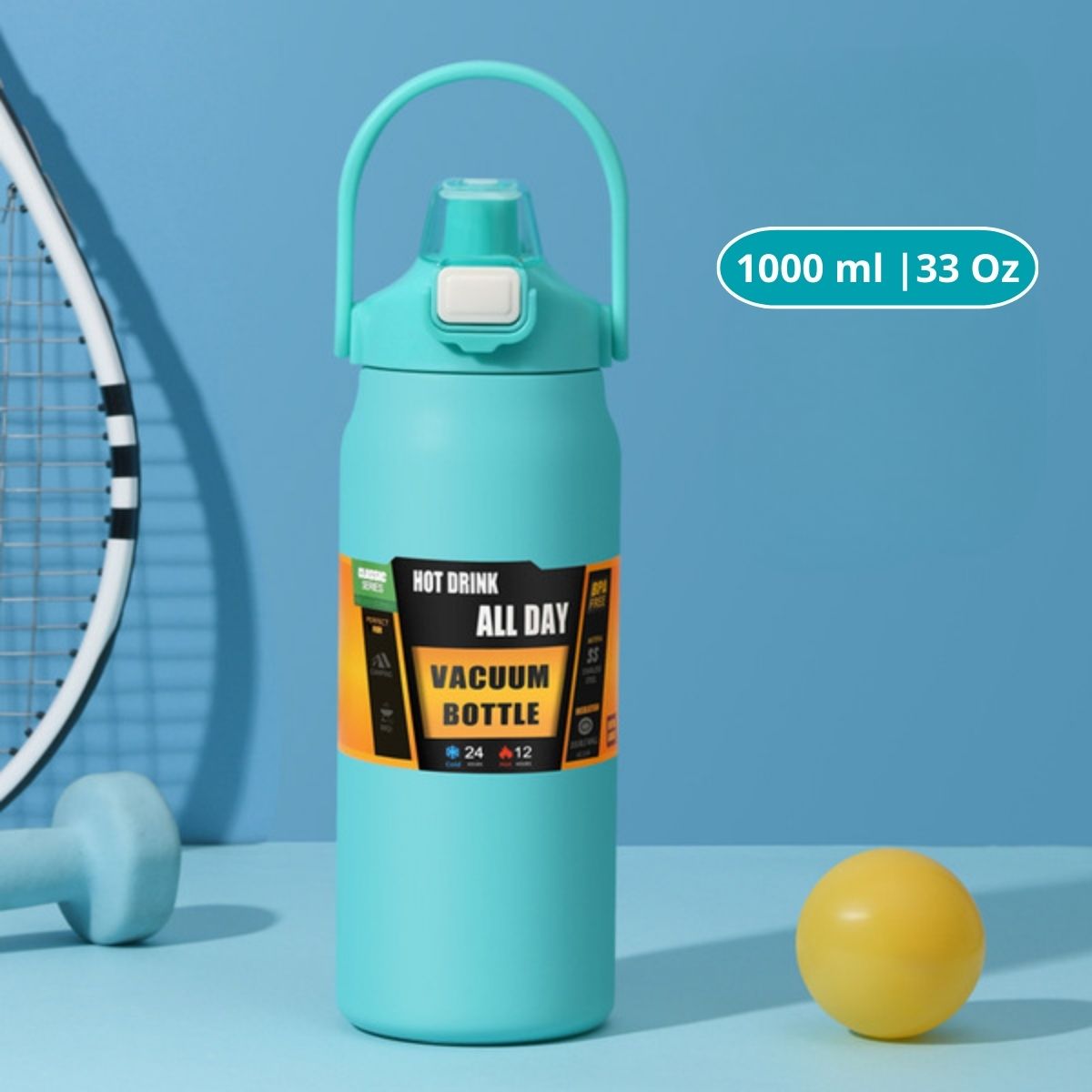 Botella De Agua Térmica. Termo Deportivo De Doble Pared De Acero Inoxidable. 1000 ml Y Soporte Para Teléfono. Color Verde Menta.